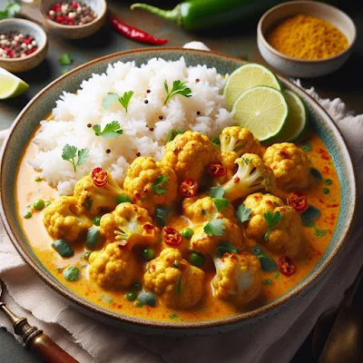 Auf dem Bild ist ein großer Teller mit Blumenkohl-Curry mit Kokosmilch und Basmatireis zu sehen. Das vegetarische Gericht sieht sehr appetitlich aus.