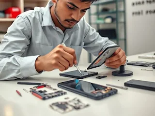 मोबाइल रिपेयरिंग बिजनेस वर्कस्पेस – स्मार्टफोन मरम्मत करते टेक्नीशियन की इमेज