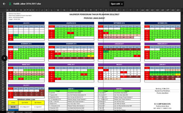 Kalender Pendidikan Tahun 2016/2017 Jawa Barat Format Excel