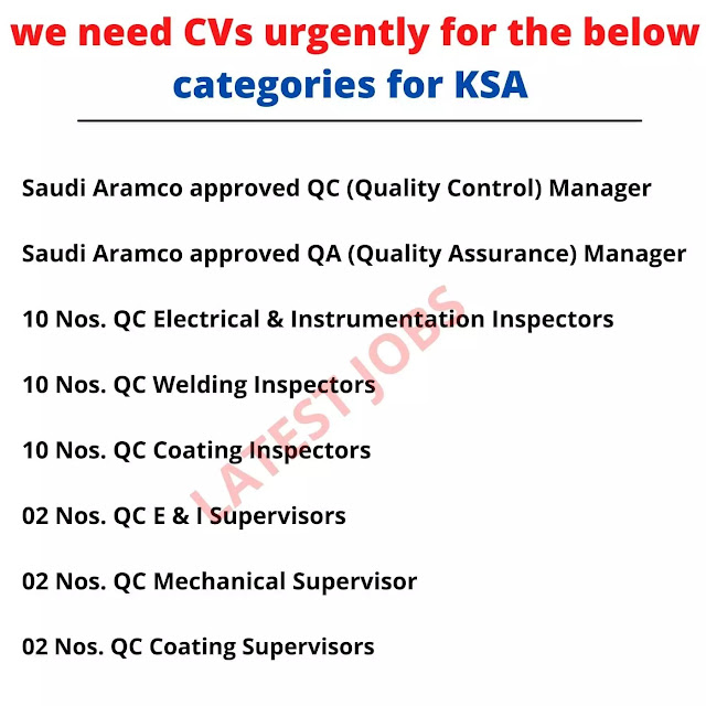 we need CVs urgently for the below categories