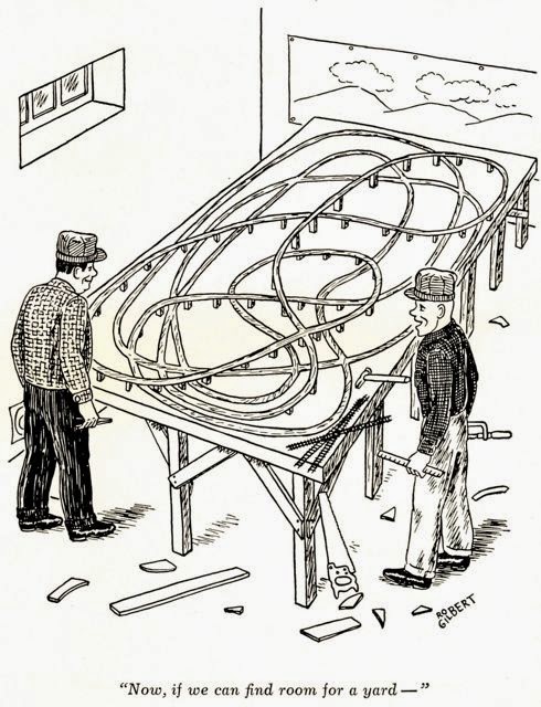 The classic spaghetti track plan joke via the July 1956 issue of MODEL 