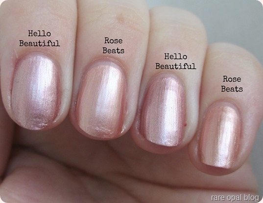 A comparison of two Essence Cosmetics Rose Gold nail polishes I Love Trends The Metals in Rose Beats and Bloggers' Beauty Secrets in Hello Beautiful! by Beauty Palmira