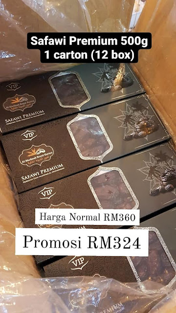 Harga Promosi 1 Karton (12 Kotak) Kurma Safawi Premium 500g ialah RM324 (Jimat RM36)