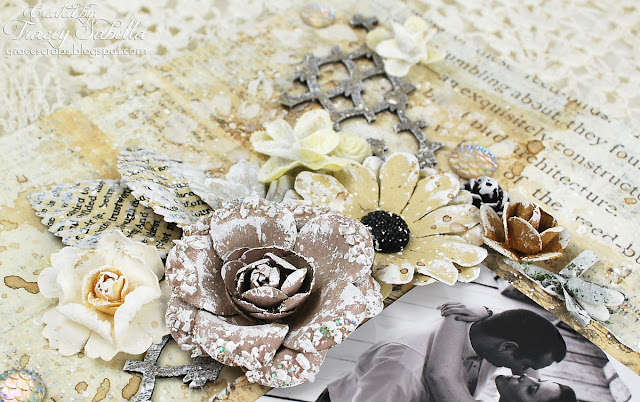 Adore Mixed Media Wedding Layout by Tracey Sabella, Scraps of Elegance August Kit, Prima Debutante, Prima Marketing, Video Tutorial