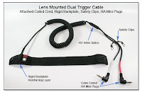 LT1011a: Lens Mounted Dual Trigger cable w/ Attached Coiled Cord, Rigid Backplate, Safety Clips, RA Mini Plugs