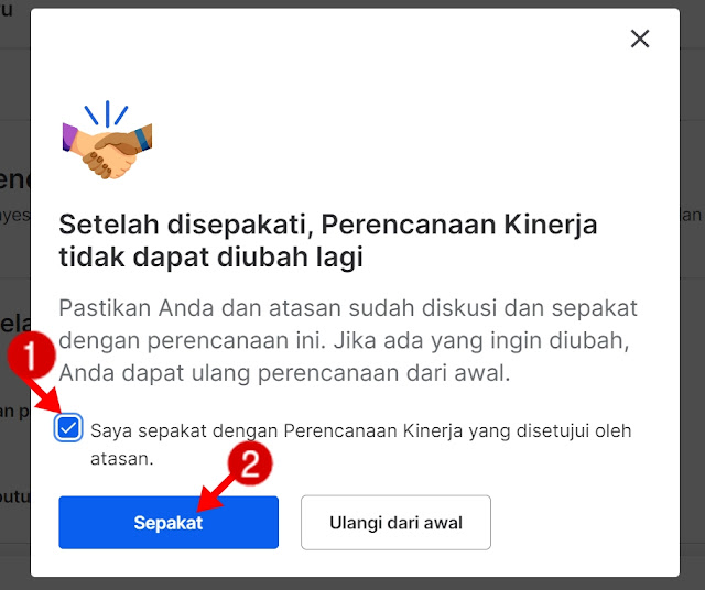 Beri tanda centang pada kotak "Saya sepakat dengan Perencanaan Kinerja yang disetujui oleh atasan", kemudian klik Sepakati !