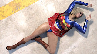 supergirl in miams trap gets exposed to krytonite lost her powers as she tries to flew away fall on the ground her skirt up showing her smooth crotch her blue supergirl leotard stuck between her mighty pink and tight superpussy  provokes miam and makes his dick hard