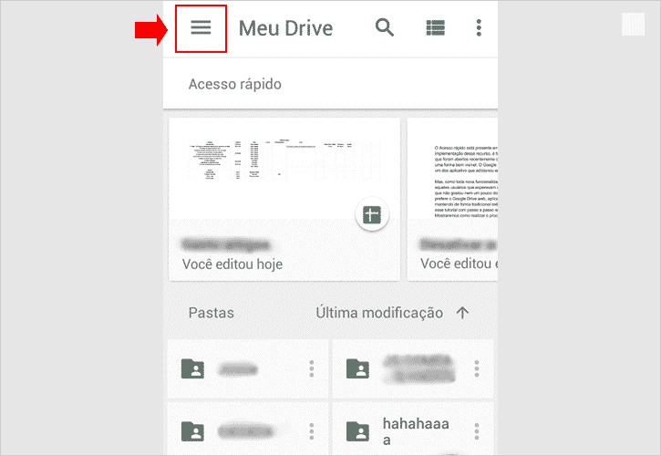 Acessando o menu do Google Drive para Android