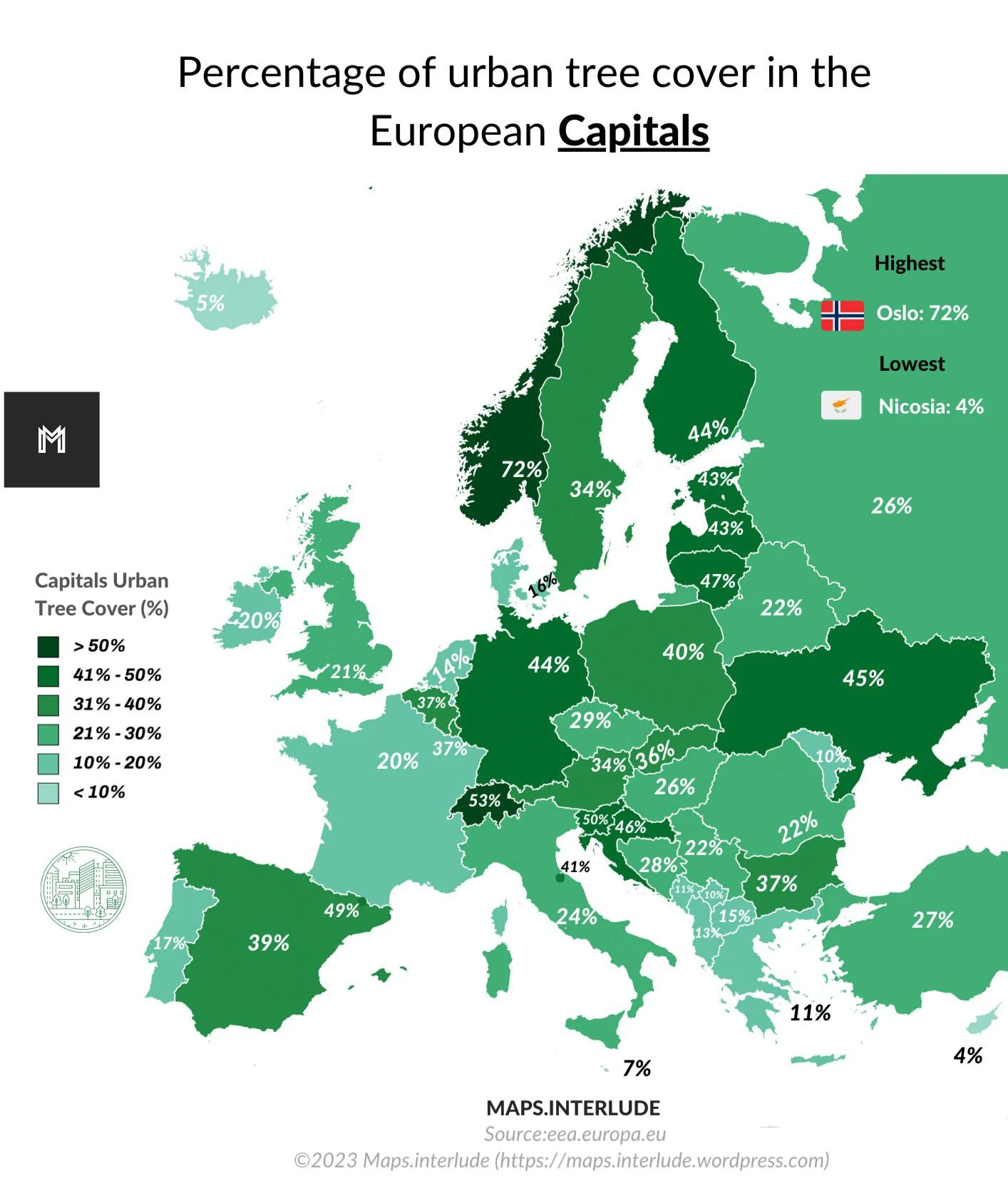 Percentage of Urban Tree Cover in the European Capitals Mapped