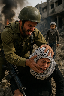 "فلسطین میں اسرائیلی فوج کے ظلم کی تصویر، جس میں تباہ شدہ عمارتیں، دھواں، اور بے گھر فلسطینی شہری دکھائی دے رہے ہیں۔ تصویر ظلم، درد اور انسانی بحران کی عکاسی کرتی ہے۔"