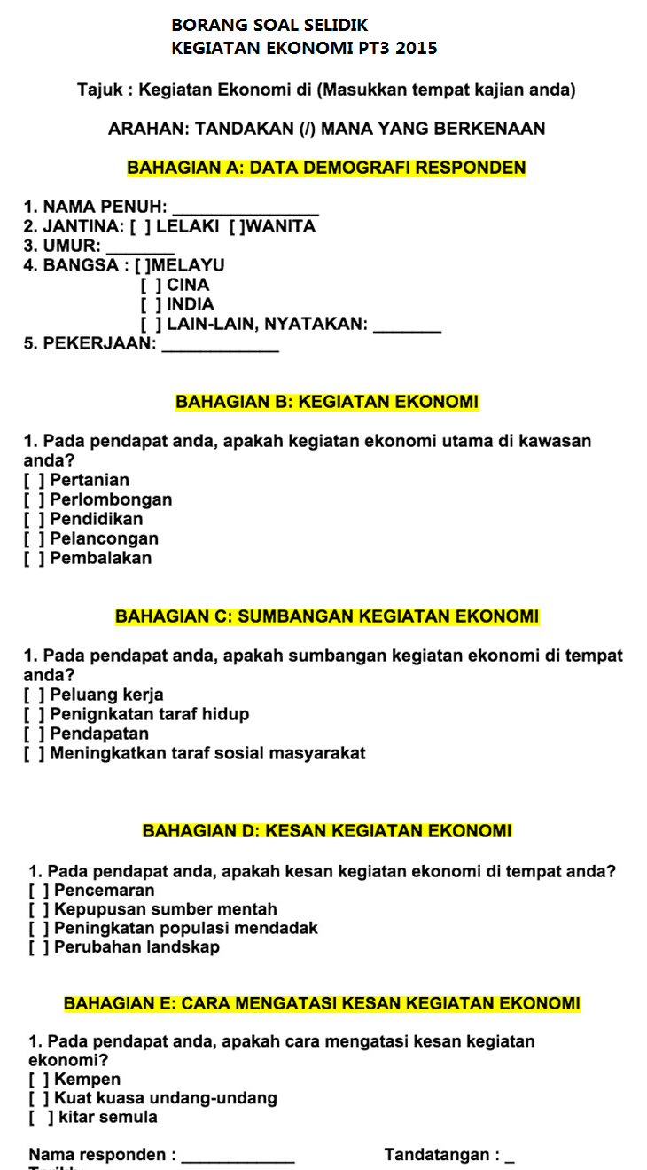 Contoh Kerja Kurus Geografi Soalan Ekonomi : Borang Soal 