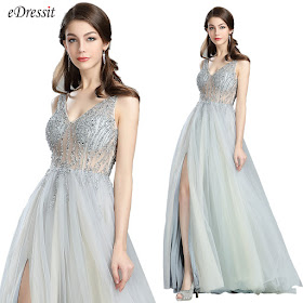 Sparkly V Cut Beaded Evening Dresses for Women