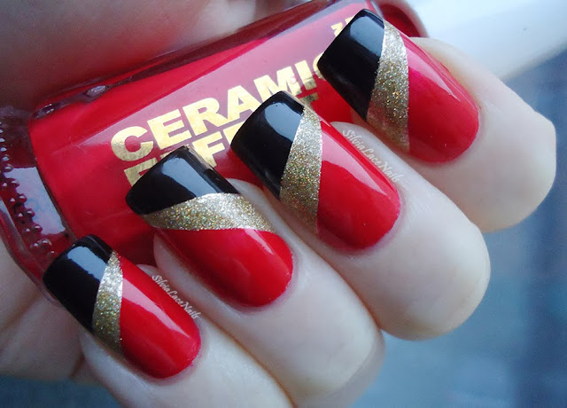 NYE red, gold, black tape nail art