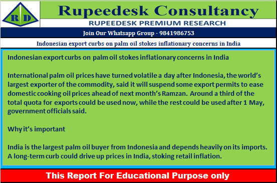 Indonesian export curbs on palm oil stokes inflationary concerns in India - Rupeedesk Reports - 09.02.2023