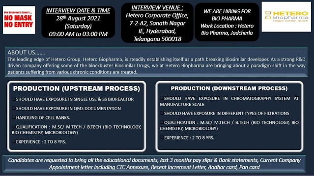 Job Availables, Hetero Biopharma Walk-In Interview for Production - Upstream/ Downstream