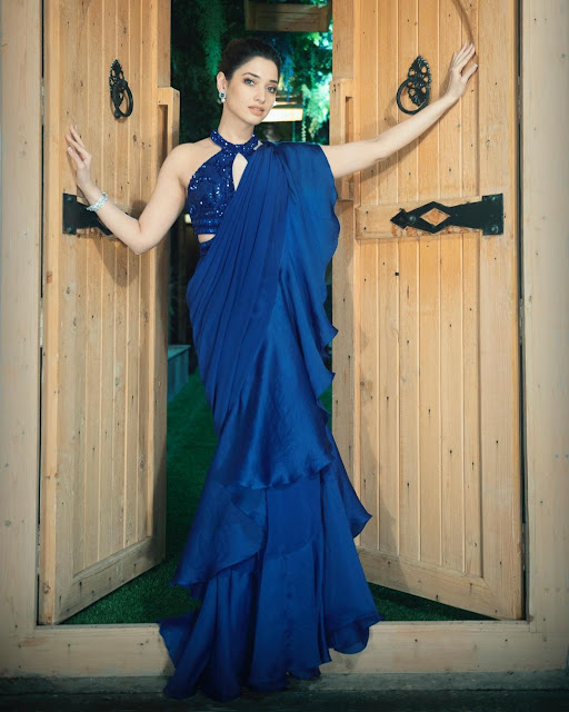 Tamannaah Bhatia in blue ruffle saree.