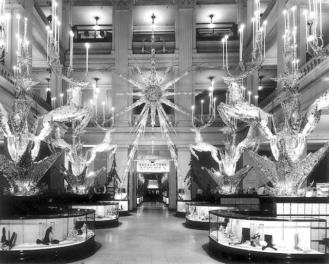 a detailed photograph of 1941 Christmas decorations for store shoppers