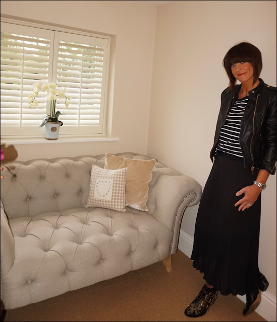 My Midlife Fashion, HM striped breton, zara leather biker jacket, hm pleated skirt, chloe susanna boots