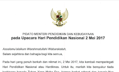 Teks Pidato Mendikbud pada Upacara Hari Pendidikan Nasional 2 Mei 2017