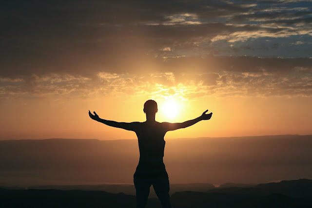 yoga, sunrise, man standing in front of sunrise