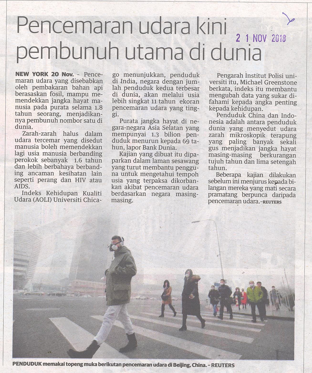 keratan akhbar tentang pencemaran alam sekitar