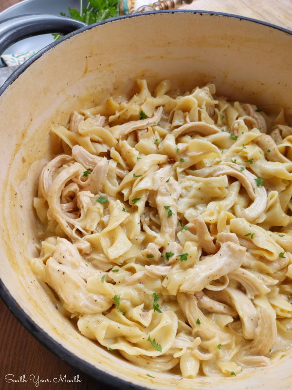 Chicken & Noodles (Stove-Top or Crock Pot) - This one-pot recipe for creamy chicken with egg noodles made with just 5 ingredients (plus salt & spices) is the best for comfort food made easy!