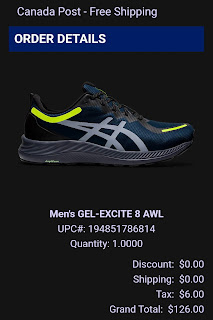 A little snippet of the digital receipt of the ASICS Men's Gel-Excite 8 AWL running shoes with the price, tax and shipping.