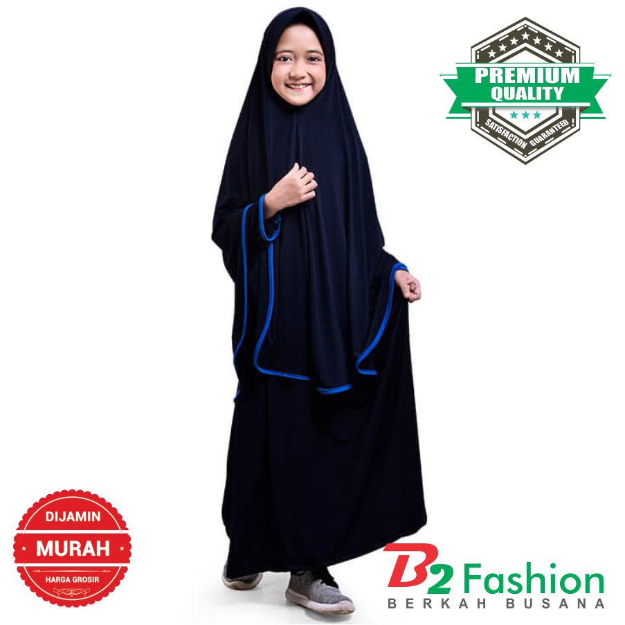 Baju Gamis Muslim Anak Perempuan Jersey Navy Garis Tepi Biru 1-10 Thn