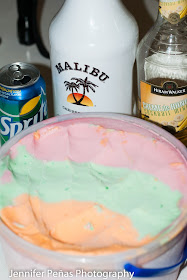 rainbow banana cocktail, coconut rum, malibu rum, banana liqueur, rainbow sherbet, sprite, lemon-lime soda