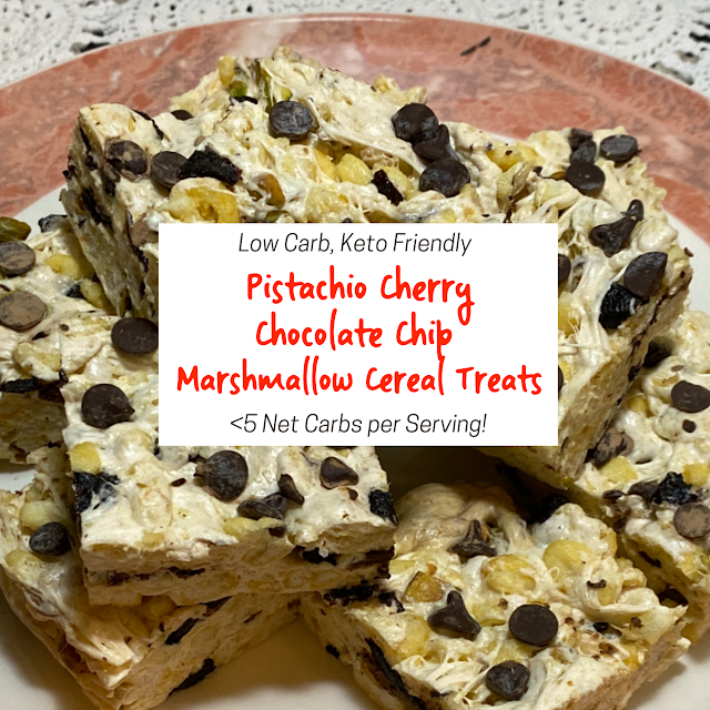 Low carb, keto-friendly pistachio cherry chocolate chip marshmallow ceral treats <5 net carbs per serving