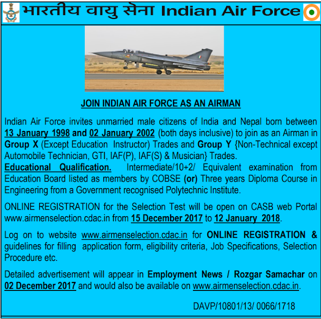 Indian Air Force Airman Recruitment 2017-18 Group X, Y Online Form