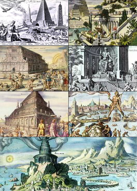 The Seven Wonders of the Ancient World (from left to right, top to bottom): Great Pyramid of Giza, Hanging Gardens of Babylon, Temple of Artemis, Statue of Zeus at Olympia, Mausoleum at Halicarnassus, Colossus of Rhodes, and the Lighthouse of Alexandria