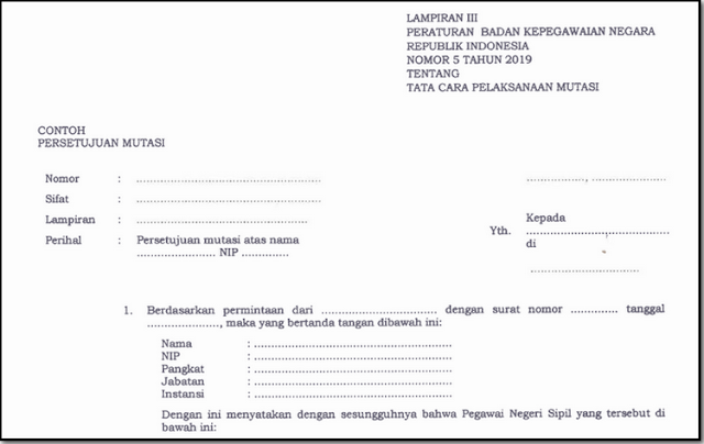 Format Usul Mutasi Sesuai Peraturan BKN No 5 Tahun 2019