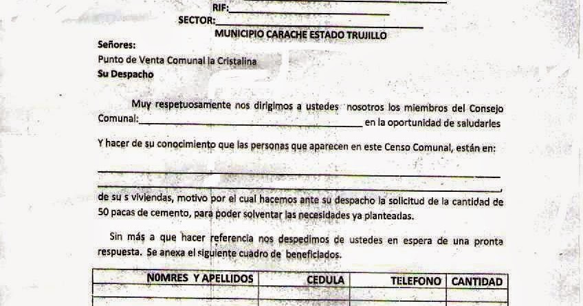 MODELOS DE CARTAS EN GENERAL PARA CONSEJOS COMUNALES EN VENEZUELA: SOLICITUD DE DE CEMENTO 