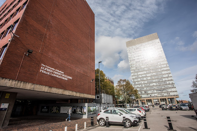 Exterior of Alfred Denny Building, a building at the University of Sheffield, with the Arts Tower in the background