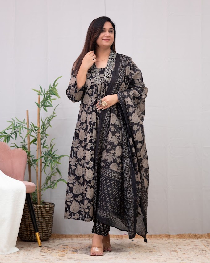 Hand Block print Long slit Cotton 60'60 A,line kurta pant & Duppata  for all day comfort