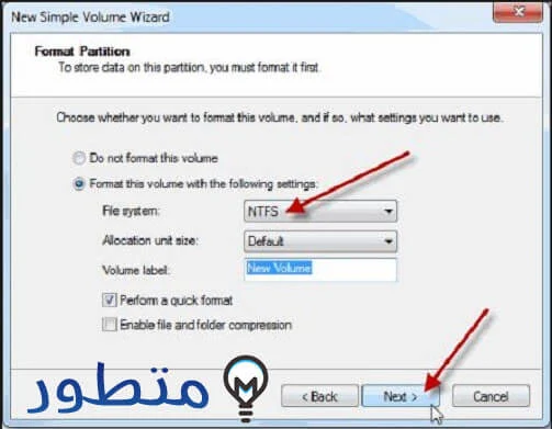 اختار نوع البارتشن NTFS