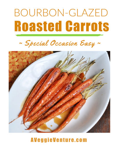 Bourbon-Glazed Roasted Carrots ♥ AVeggieVenture.com. Pretty spring carrots roasted slowly, then drizzled with a caramel glaze flavored with bourbon or another good-tasting liquor.