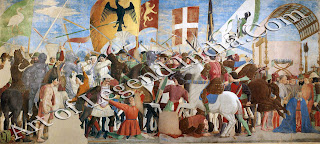 Part of the True Cross eventually fell into the hands of Chosroes, a Persian Emperor. He was defeated in battle by Heraclius, a Byzantine Emperor, who returned the relic to Jerusalem. Piero's battle is a grim and forbidding scene, and on the right he has shown the defeated Chosroes kneeling as he awaits execution.