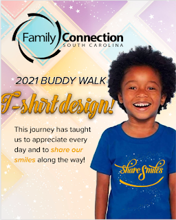 2021 Buddy Walk T-Shirt Design Blue t-shirt with graphic Share Smiles in gold lettering image