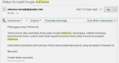 Contoh Pesan ditolak google Adsense