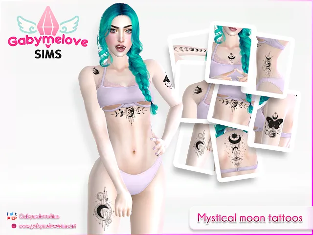 Sims 4 CC | Tattoo: Mystical moon tattoos | Gabymelove Sims | Custom content, contenido personalizado, mod, mods, tatuaje, tatuajes, místico, mística, celestial, magical, mágica, mágico, magia, luna, lunar, celestial, symbol, wicca