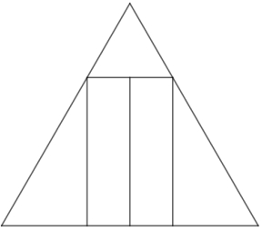A figura abaixo mostra a fachada de um certo chalé no formato de um triângulo equilátero com lado medindo 5m. A porta de entrada tem o formato de um retângulo inscrito nesse triângulo, de tal modo que o centroide desse retângulo coincide com o baricentro do triângulo.