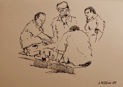 Dibujo de Joaquim Francés i Martínez - Partida de ajedrez en plena calle -1997