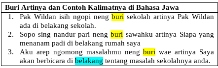 Buri Artinya dan Contoh Kalimatnya di Bahasa Jawa