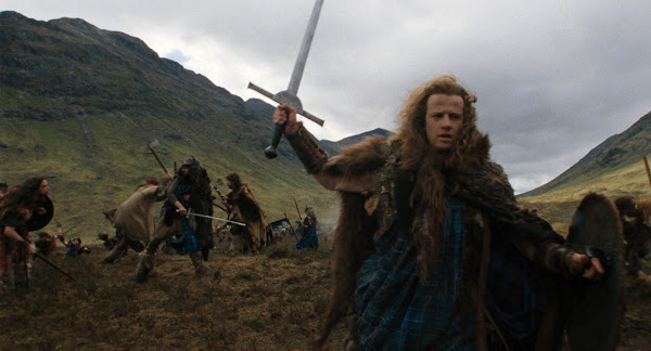 Christopher Lambert as Connor MacLeod of the clan MacLeod in battle on the Scottish Highlands