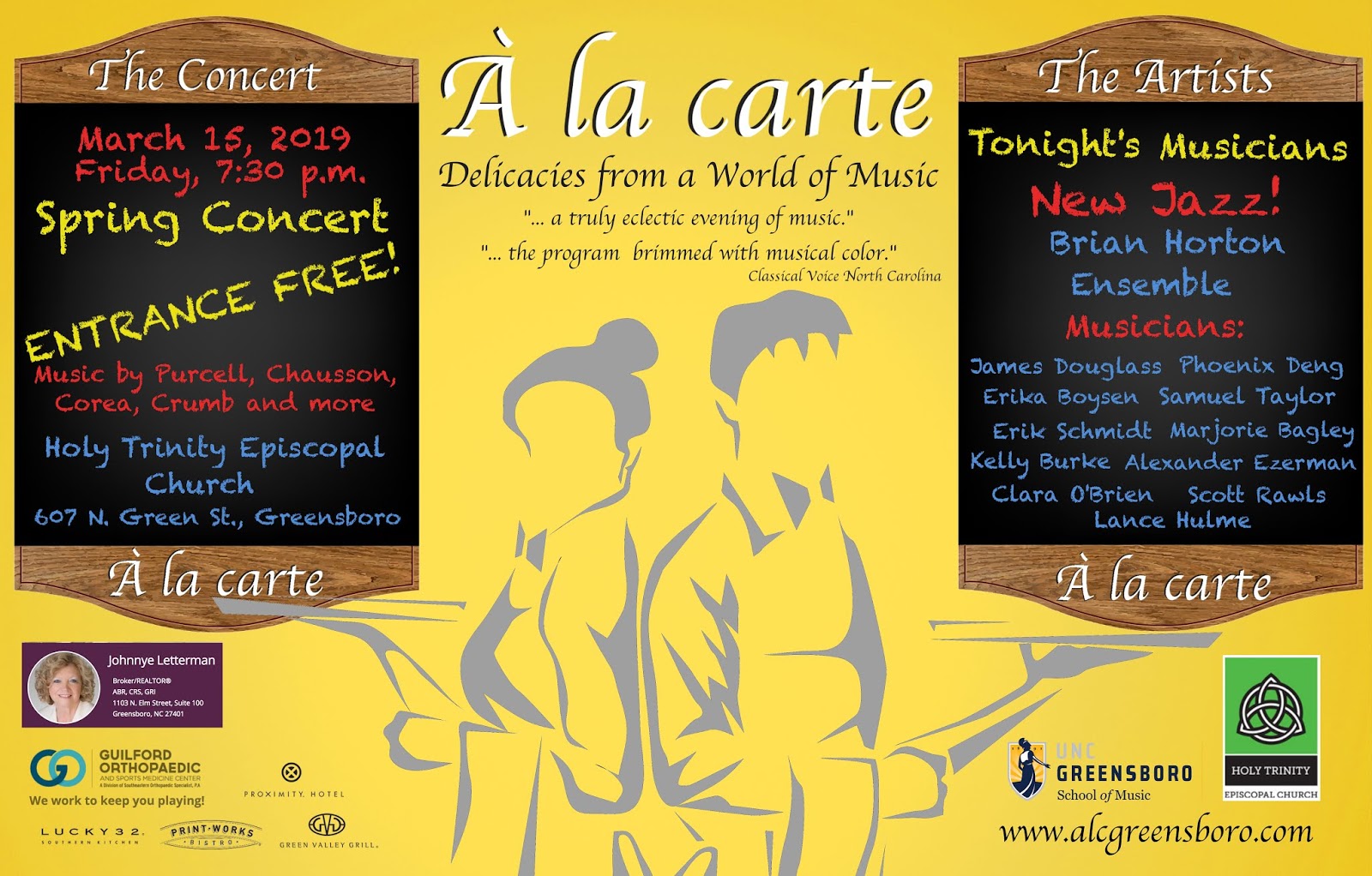 ARTS IN ACTION: the À la carte concert series presents its Spring 2019 concert in Greensboro's Holy Trinity Episcopal Church on 15 March 2019 [Graphic © by À la carte]