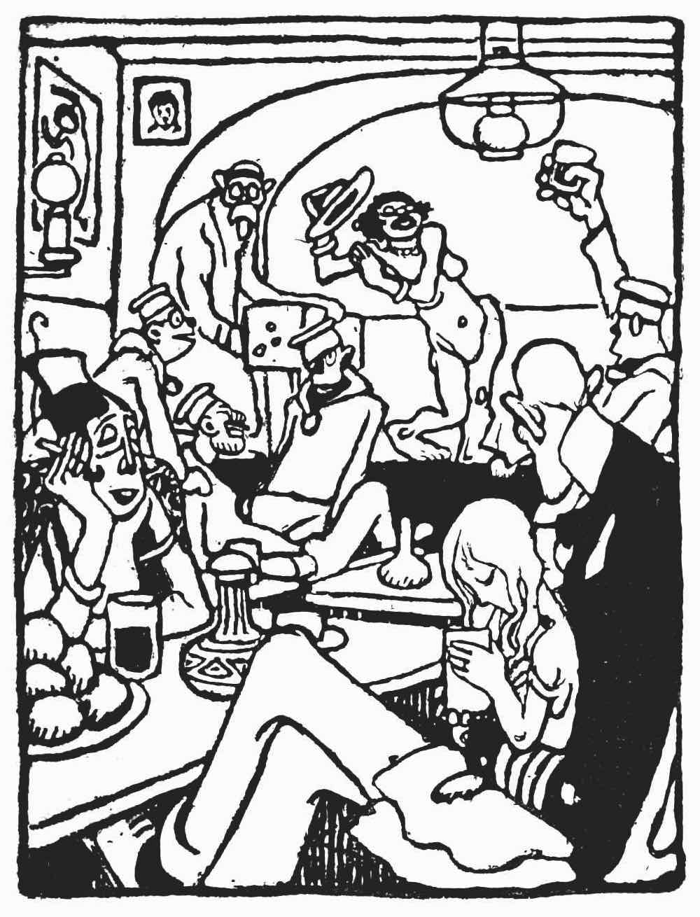 a Gus Bofa illustration of low theater in a tavern