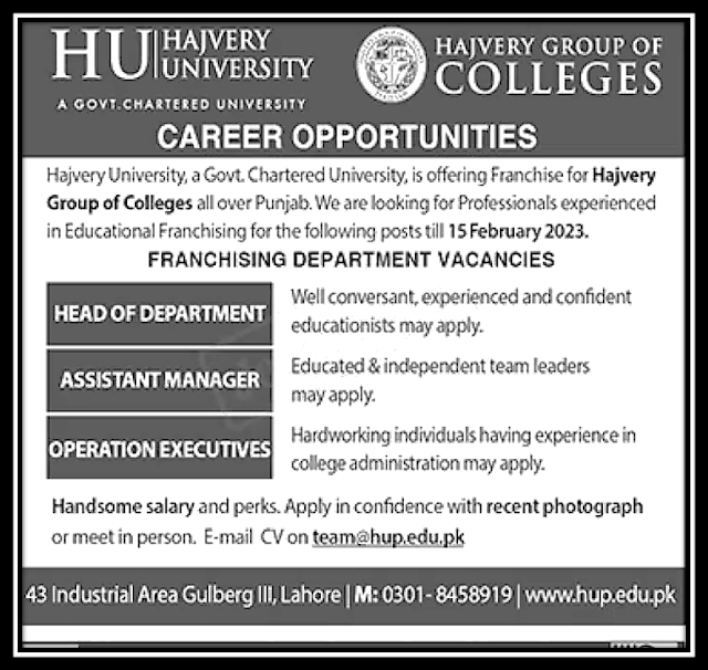 Hajvery University Jobs 2023| www.hup.edu.pk | www.nokripao.com