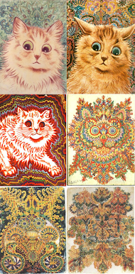 Six examples of Louis Wain's cat art supposedly suggesting the decline of the artist's mental health but the date of each work is unspecified.